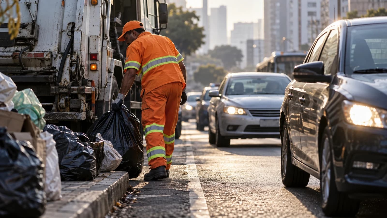 Trabalhador de coleta de lixo exposto ao trânsito durante atividade em via pública