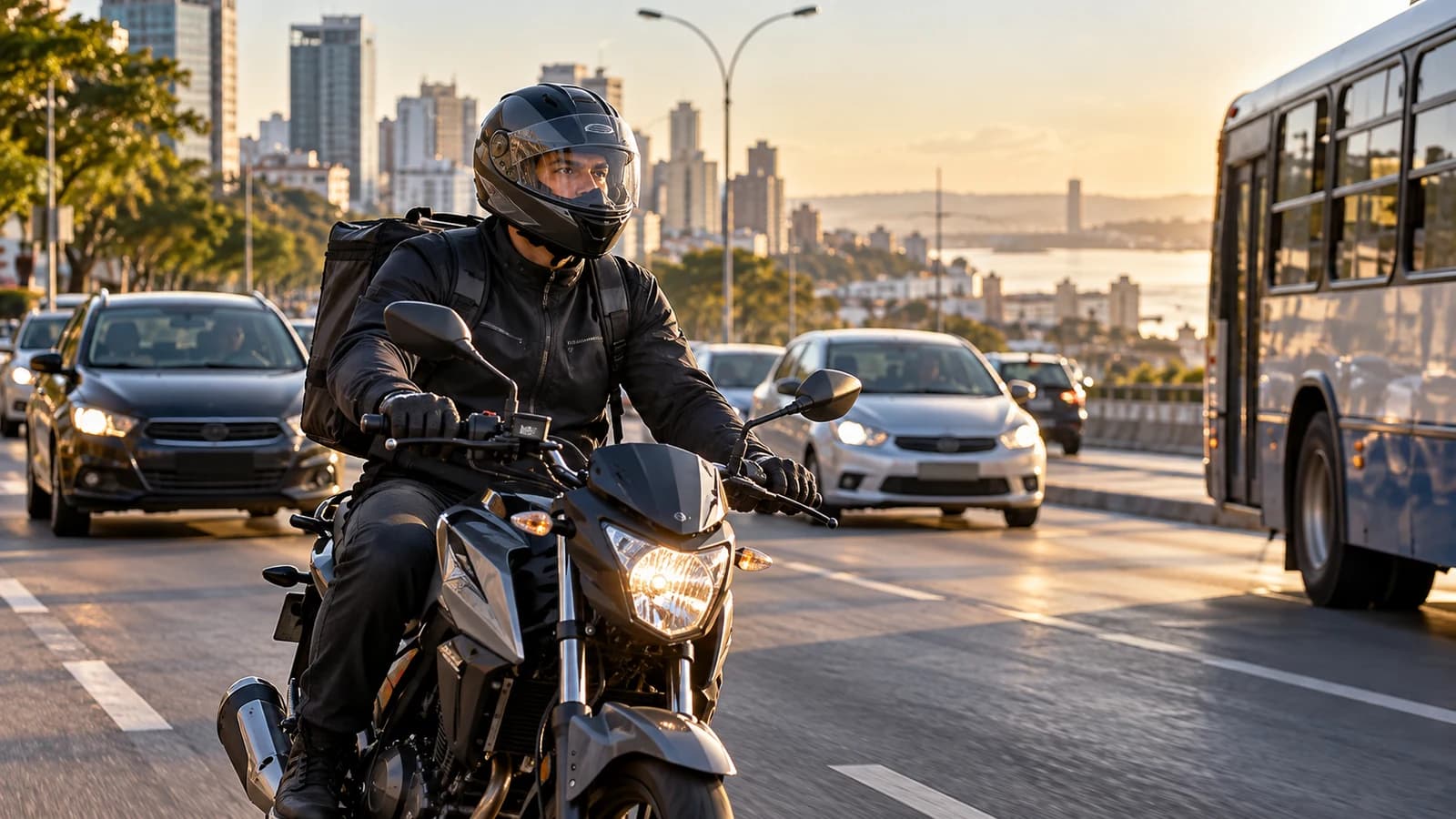 Trabalhador utilizando motocicleta em via pública durante atividade profissional