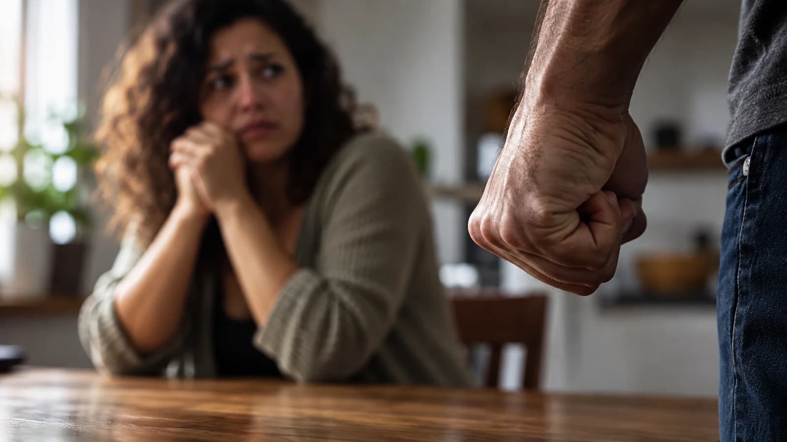 Imagem conceitual de ameaça de violência doméstica, com mão fechada em primeiro plano e mulher ao fundo