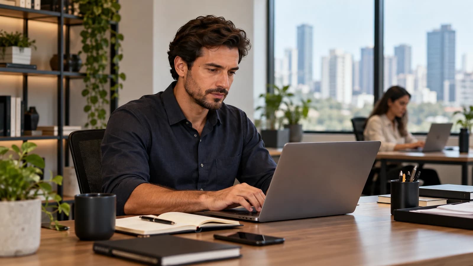 Profissional organiza sua rotina de trabalho em escritório, representando prestação autônoma de serviços