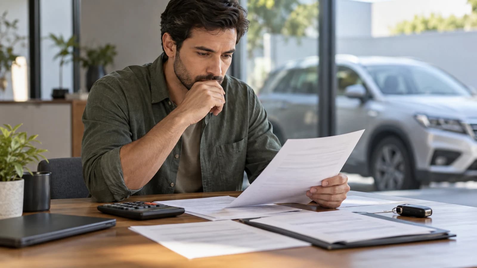 Consumidor analisa documentos de financiamento de veículo com calculadora e chave de automóvel