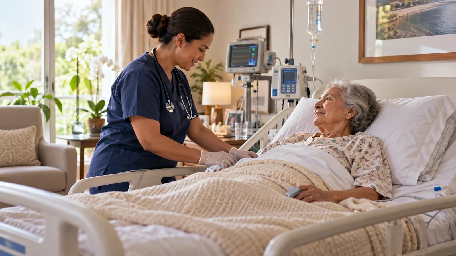 Paciente idosa recebendo atendimento de enfermagem em home care 24 horas